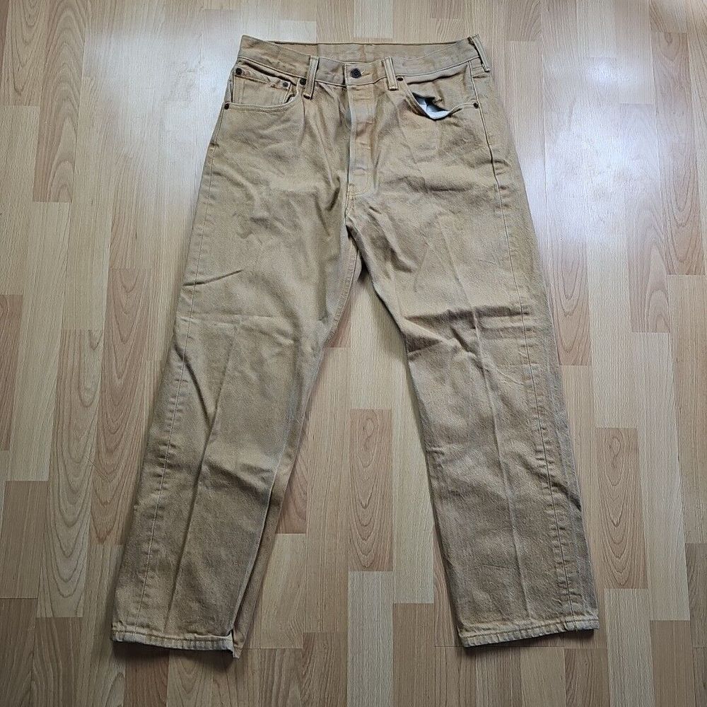 Levi's 501 Original Fit Jeans Mens 34x30 Tan Khaki Straight Leg Button Fly Denim